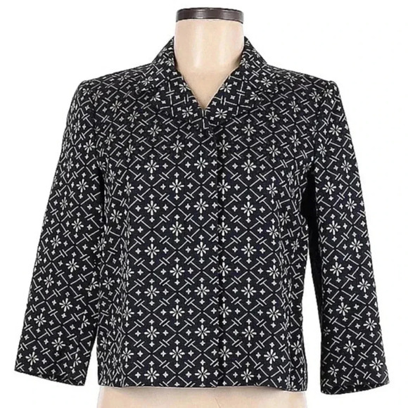 DKNY Navy & White Damask Print Silk Blend Cropped Blazer Jacket Size 6 Small - Picture 1 of 2